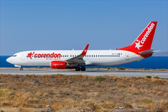 A Corendon Airlines Boeing 737-800 with the registration number 9H-TJA at Heraklion Airport