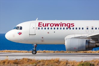 An Airbus A320 aircraft of Eurowings with the registration D-AEWO at Heraklion Airport