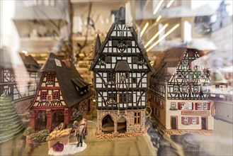 Models of historic German half-timbered houses in a shop window