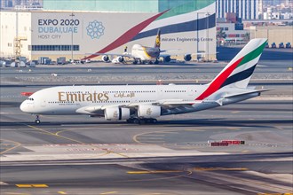 An Emirates Airbus A380-800 with registration A6-EVF at Dubai Airport