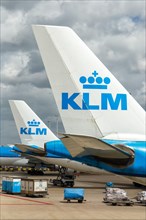 Airbus Aircraft Tails tail units of KLM Royal Dutch Airlines at Amsterdam Schiphol Airport