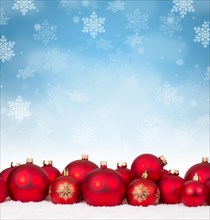 Christmas Many Red Christmas Balls Decoration Snowflakes Square Snow Winter copy space Copyspace Copy Space
