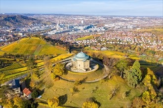 Grave chapel on the Wuerttemberg Rotenberg vineyards aerial view in autumn city trip in Stuttgart