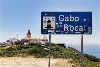 Sign with the inscription Cabo da Roca and pictogram lighthouse