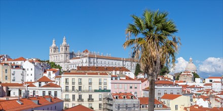 Portugal Travel City View of Old Town Alfama with Church Sao Vicente de Fora and Palm Panorama in Lisbon