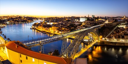 Porto with Bridge Ponte Dom Luis I over River Douro Panorama Night Evening Travel Travel City in Porto