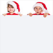 Children Girl Boy Santa Claus Christmas Square Sign Text Free Space Copyspace Isolated