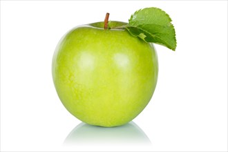 Green apple green fruit with leaf cropped on white background