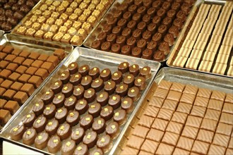 Chocolate pralines on tray are for sale