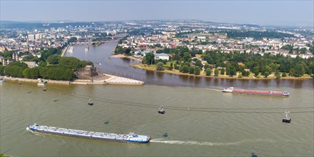 German Corner River Rhine Moselle with ships and cable car panorama in Koblenz