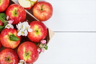 Apples Fruits red apple fruit with blossoms and leaves on wooden board from above with text free space Copyspace