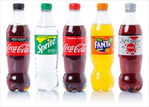 Coca Cola Coca-Cola Fanta Sprite products lemonade soft drink drinks in plastic bottles cut-out isolated against a white background