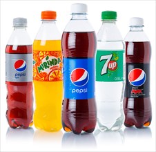 Pepsi Cola 7 up lemonade soft drink beverages in plastic bottles cut-out isolated