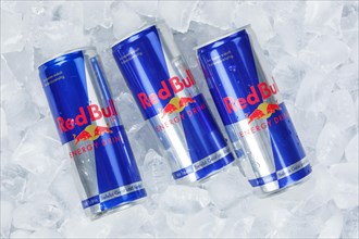 Red Bull Energy Drink Lemonade Soft Drink Drinks in Cans on Ice Ice Cubes