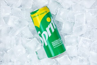 Sprite lemonade soft drink beverage in a can on ice cube ice cubes