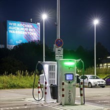 Charging station and large poster Climate steel at the ThyssenKrupp Steel Bochum plant