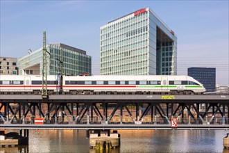 ICE T train of Deutsche Bahn DB on the Oberhafen bridge in Hamburg