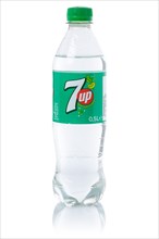 7 up Lemonade soft drink beverage in a plastic bottle cut-out isolated against a white background