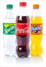 Coca Cola Coca-Cola Fanta Sprite Lemonade Drinks in Plastic Bottles cut-out isolated against a white background