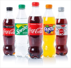 Coca Cola Coca-Cola Fanta Sprite Lemonade Soft Drink Drinks in Plastic Bottles cut-out isolated against a white background