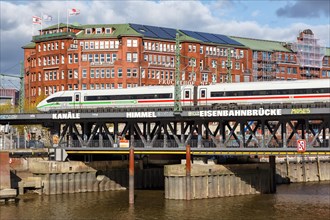 ICE 4 train of Deutsche Bahn DB on the Oberhafen bridge in Hamburg