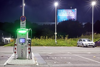 Charging station and large poster Climate steel at the ThyssenKrupp Steel Bochum plant