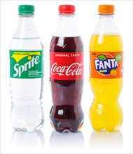 Coca Cola Coca-Cola Fanta Sprite Products Lemonade Drinks in Plastic Bottles Cut-out isolated against a white background