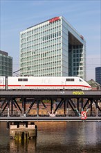 ICE 1 train of Deutsche Bahn DB on the Oberhafen bridge in Hamburg