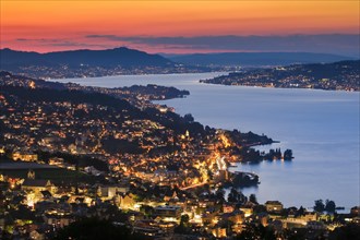 View at dusk from Feusisberg across Lake Zurich to Zurich