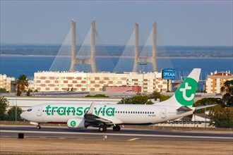 A Transavia Boeing 737-800 aircraft with registration PH-HZD at Lisbon Airport