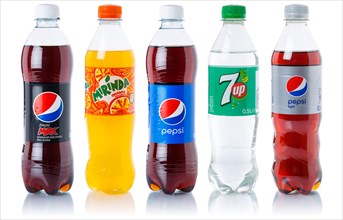 Pepsi Cola 7 up lemonade soft drink drinks in plastic bottles cut-out isolated against a white background