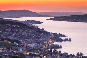 View at sunset from Feusisberg across Lake Zurich to Zurich