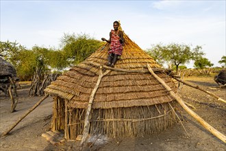 Woman repairing a roof of a traditional build hut of the Toposa tribe