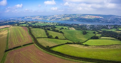 Panorama from a drone of fields over Ringmore and River Teign