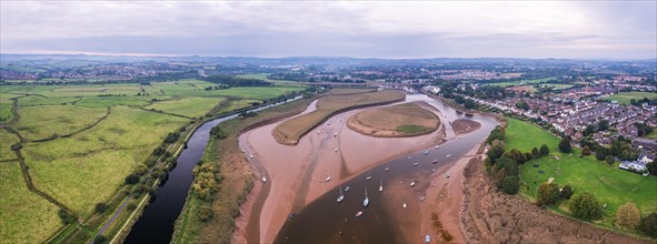 Panorama of River Exe in Topsham and Exeter from a drone