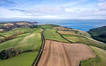 Autumn over Devon fields and farms from a drone