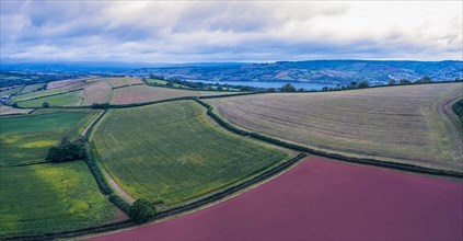 Panorama of Fields over Labrador Bay and River Teign from a drone