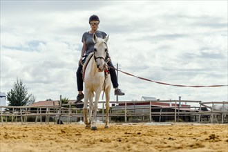 Woman taking horse riding lessons in a paddock