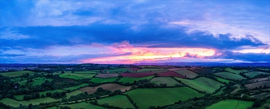 Panorama of Sunset over Fields from a drone