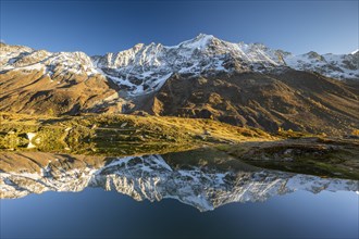 Snow-covered mountains reflected in mountain lake