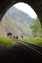 Hikers on the old route of the Trans-Siberian Railway