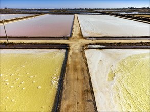 Amazing colors of sea salt ponds called salines shortly before salt extraction in Portugal