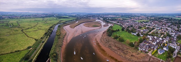 Panorama of River Exe in Topsham and Exeter from a drone