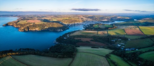 Top Down Panorama of River Dart and Fields over Kingswear and Dartmouth from a drone