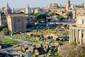 View of Roman Forum with in the middle ruins of Basilica Aemilia