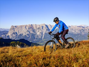 Mountain biker drive on alpine meadow