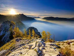 View from large Schoberstein of Attersee and Mondsee in the evening light