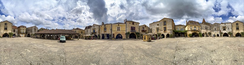 360Degree panoramic view over the central market square in the historic old town of Monpazier