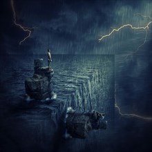 Conceptual image with a lost man sitting on a rock cliff island