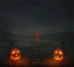 Horror halloween background of autumn valley with spooky trees